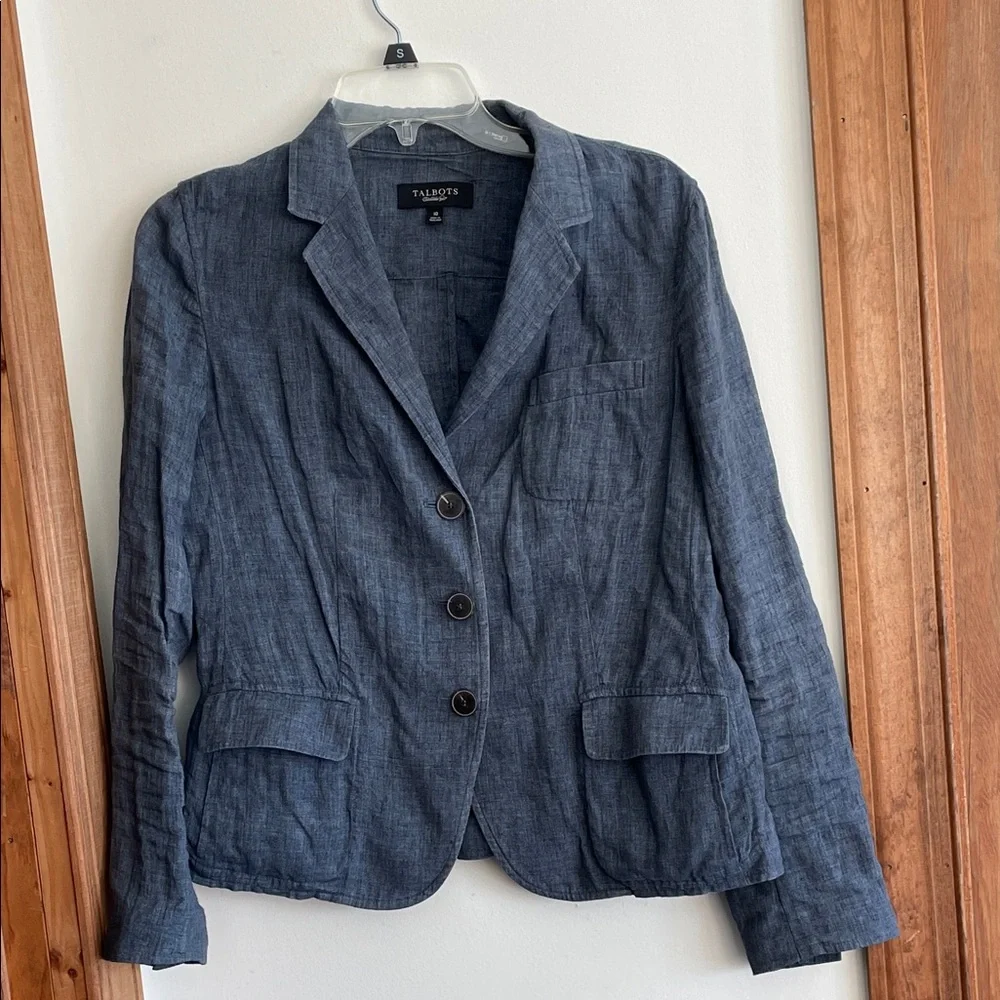 TALBOTS Women's Blue Chambray Linen Unlined Blazer 10 - Picture 3 of 16